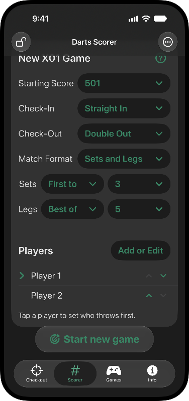 Flexible Match Setup: Customize starting scores, sets, and leg formats