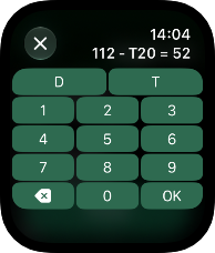 Apple Watch: entering a missed treble 20 on 112, leaving 52
