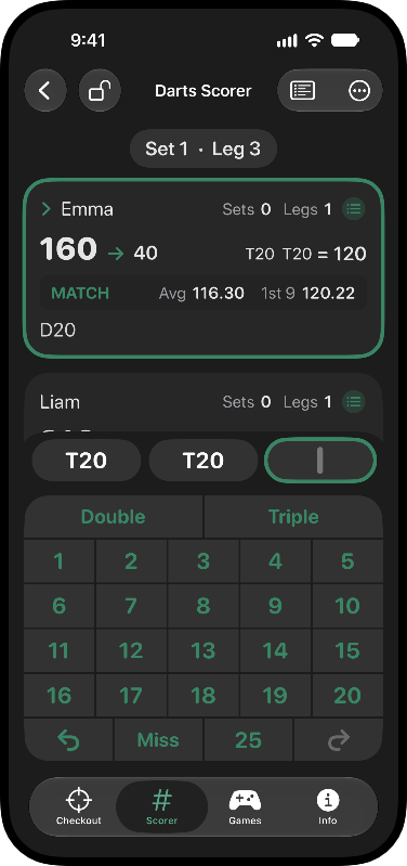 Professional Scorer: Fast score entry with dedicated darts keypad